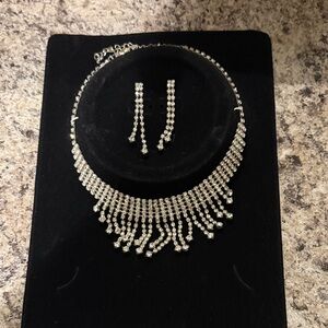 Elegant Silver-Tone Fringe Crystal Necklace & Earrings Set